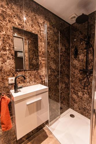 a bathroom with a sink and a shower at Tiny Boat House #6 in Garnwerd