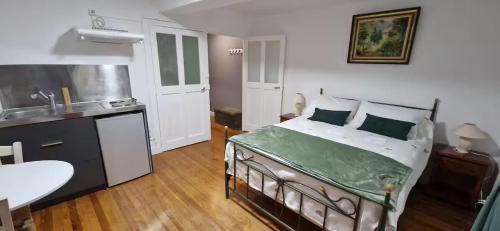 a bedroom with a large bed and a kitchen at Charmant studio - Centre historique de Crémieu in Crémieu
