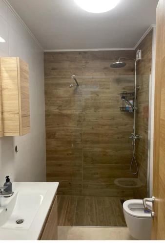a bathroom with a shower with a toilet and a sink at Apartman Hilandarska in Lukavica
