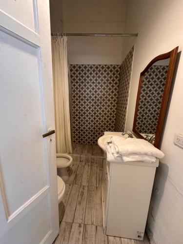a bathroom with a toilet and a sink and a mirror at Terminal Depto in Azul