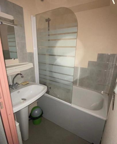 un bagno con vasca, lavandino e doccia di Charmant Studio a Prémanon
