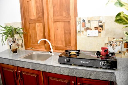 a kitchen counter with a stove and a sink at The White Crane Koggala in Habaraduwa Central