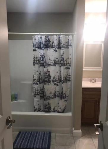 a bathroom with a shower curtain in a tub at 12Birchwood in Holbrook