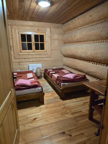 a room with two beds in a log cabin at Koliba Studencka Politechniki Warszawskiej in Caryńskie