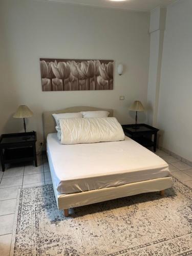 een bed in een slaapkamer met 2 nachtkastjes en 2 lampen bij Le Mont Joly & Les 4 Têtes in Sallanches