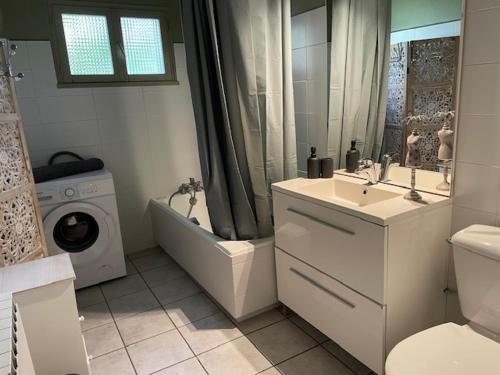 een badkamer met een wastafel, een toilet en een douche bij Le Mont Joly & Les 4 Têtes in Sallanches