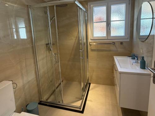 a bathroom with a shower and a sink at Deine Auszeit mit Alpenblick in Kandergrund