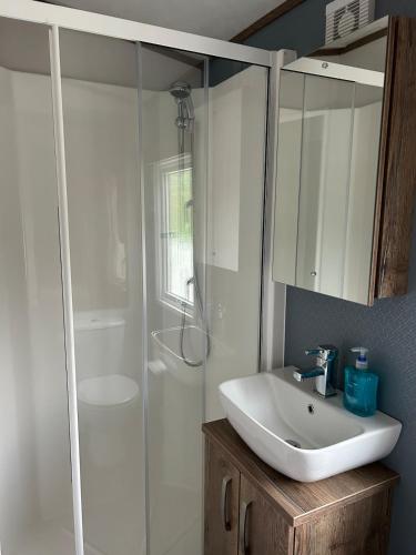 a white bathroom with a sink and a shower at Annas Escape Burnside Moray in Fochabers
