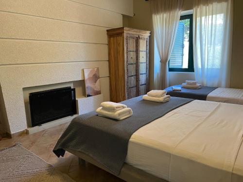 a bedroom with two beds and a fireplace and a tv at Orange Garden in Himare