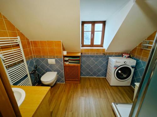 een kleine badkamer met een wasmachine en droger bij Chalupa Rejvíz in Rejvíz
