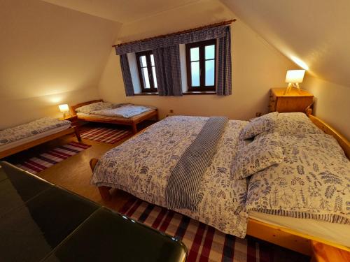 een slaapkamer met een groot bed en twee ramen bij Chalupa Rejvíz in Rejvíz