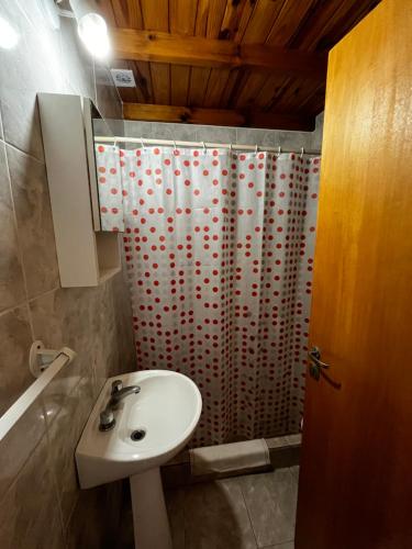 a bathroom with a sink and a shower curtain at Departamentos Valquiria in Monte Hermoso