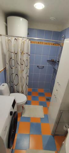 a bathroom with a toilet and a tile floor at Pakeliui I -On the way I in Baltrušaičiai