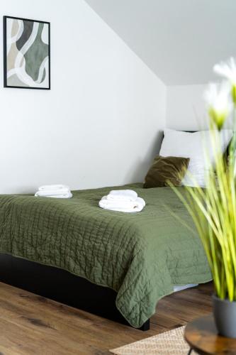 a bedroom with a bed with a green comforter at Apartment Manu in Inzlingen