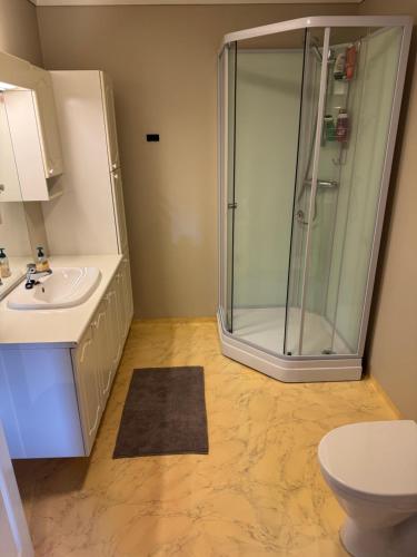 a bathroom with a shower and a sink at House in Vangsvik in Senja
