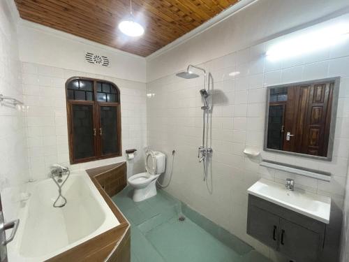 a bathroom with a tub and a toilet and a sink at Toiwo Residence Arusha in Arusha