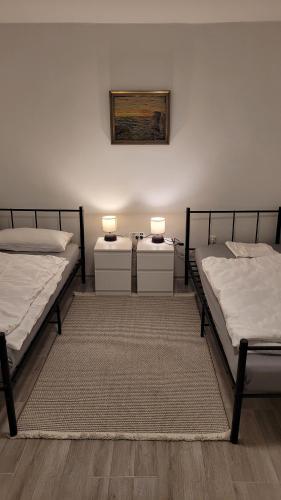 two beds in a room with two lamps on them at Wohnung für 7 Personen in Hückelhoven