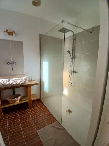 a bathroom with a glass shower and a sink at Gradine et Boucharde in Le Monastier sur Gazeille