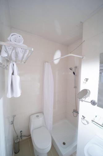a white bathroom with a toilet and a shower at Al-Assadi Hotel in Erbil