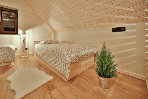 a bedroom with a bed and a potted plant at Domki i tyle in Rabka-Zdrój