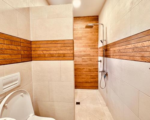 a bathroom with a toilet and a shower at Six Pillars Resort in Bocas Town