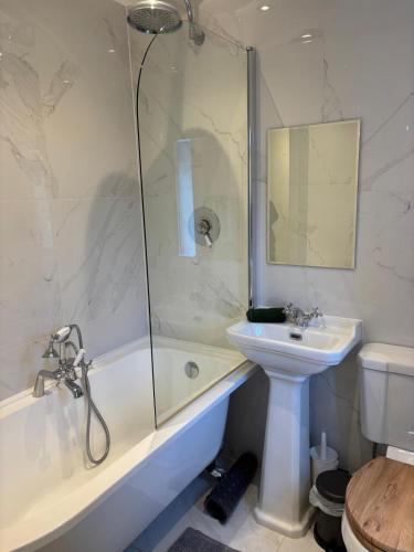 a bathroom with a sink and a shower and a toilet at Folly Field in Haworth
