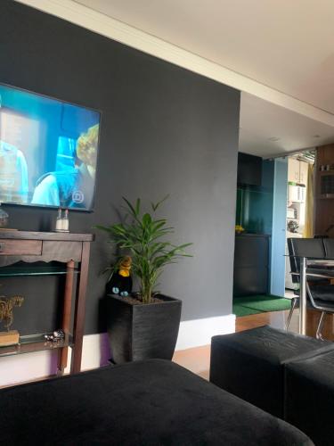 een woonkamer met een televisie aan een muur met een plant bij Quartos Vila Augusta/Guarulhos in Guarulhos