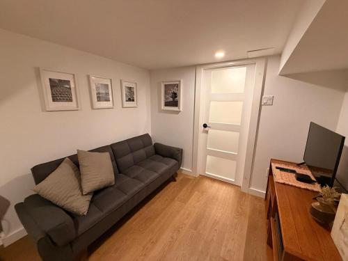 a living room with a couch and a television at Lower level newly renovated studio apartment in central downtown location in Toronto