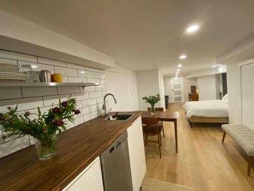 a kitchen with a sink and a room with a bed at Lower level newly renovated studio apartment in central downtown location in Toronto