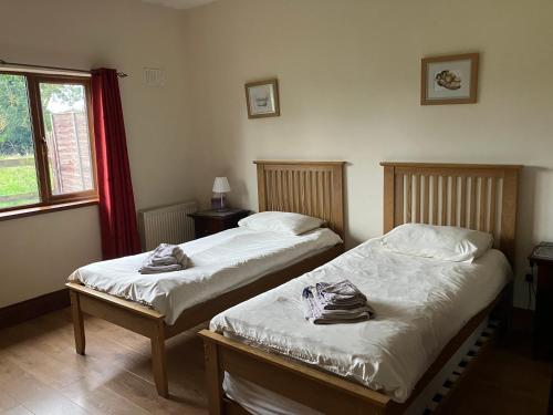 two twin beds in a room with a window at The Henhouse, Duffys of Ballybin, 4-star in The Crockan