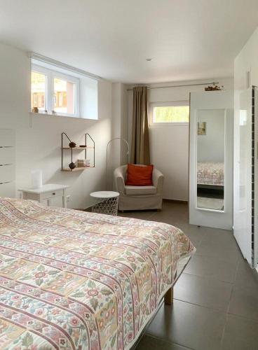 a bedroom with a bed and a chair in it at Gîte Théophile Fenal in Badonviller