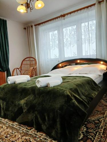 a bedroom with a large bed with a green blanket at Apartament Kułachówka - Sielskie wakacje na wsi, własny sad, pasieka i ogród in Leśnica