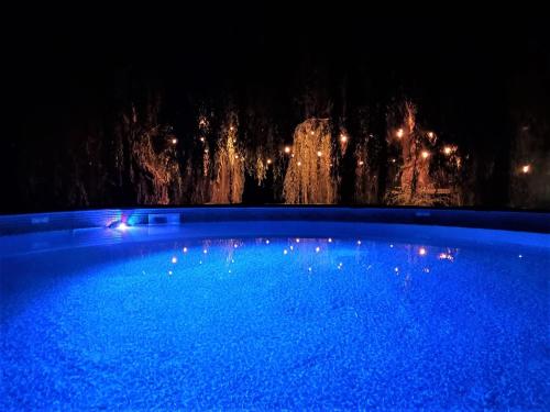a blue swimming pool at night with lights at Waterfront Oasis with Pool, Hot Tub & Pet Friendly in Kelowna