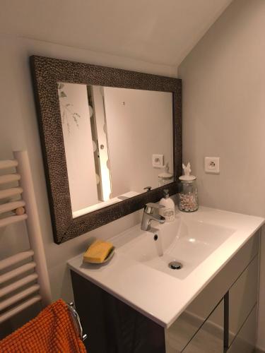 a bathroom with a sink and a large mirror at Le petit grenier de la Quoiqueterie in Vieille-Église-en-Yvelines