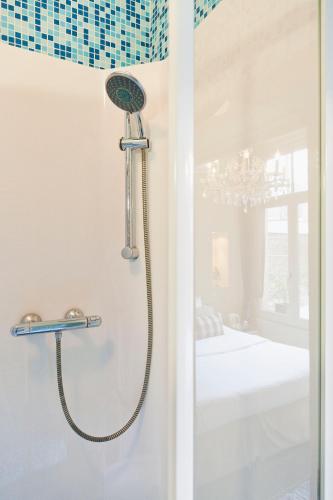a shower with a shower head in a bathroom at Hotel Diamonds and Pearls in Antwerp