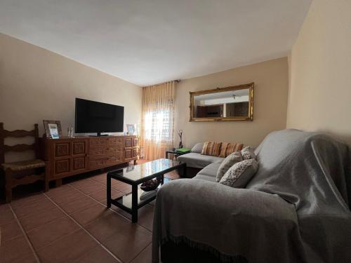 een woonkamer met een bank en een tv bij La Casa de Fausto en Basardilla in Basardilla