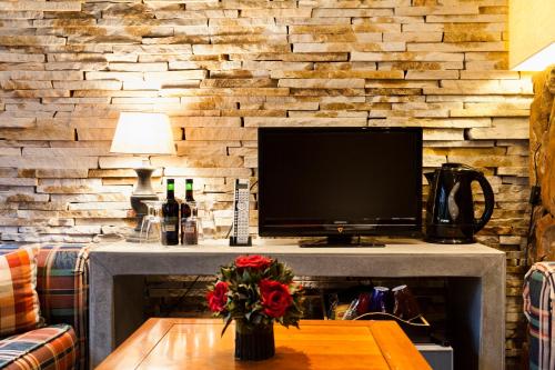 a living room with a television on a table at Hotel Diamonds and Pearls in Antwerp