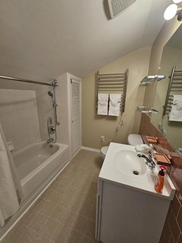 a bathroom with a sink and a tub and a toilet at Park House Mada in Rockville