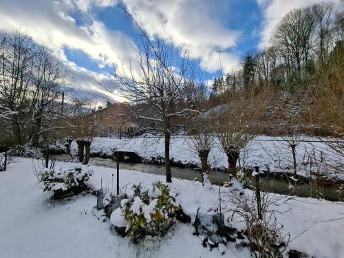 a snow covered yard with trees and a bridge at Maison familiale en lisière de forêt in Val-et-Châtillon