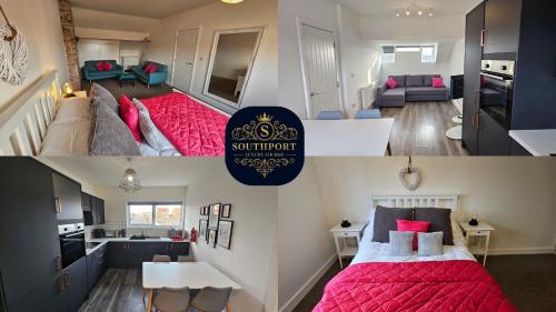 two pictures of a bedroom and a living room at Market Quarter Apartment, town centre, free parking and wifi in Southport