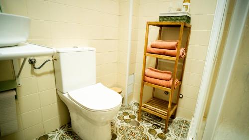 bagno con servizi igienici e mensola con asciugamani di Suites Cañizares Catedral a Jaén