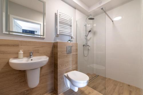 een badkamer met een wastafel, een toilet en een douche bij Apartamenty Białe Piaski in Jastarnia