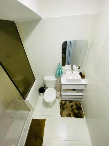 a bathroom with a toilet and a sink and a mirror at Sala e quarto próx ao Maracanã e Engenhão in Rio de Janeiro
