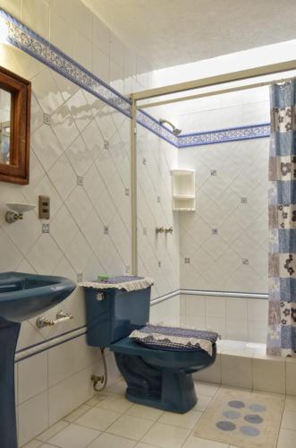a bathroom with a blue toilet and a sink at Great location 5min from the center,10fromVINEYARD in Tequisquiapan