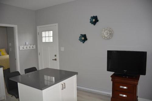 a living room with a table and a television at Location, Location, Location-Immaculate 1 Bedroom Suite in Victoria