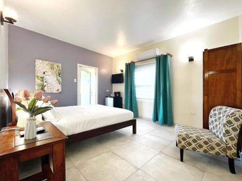 a bedroom with a bed and a desk and a chair at BethsAida Conference Center & Boutique Accommodations in Simpson Bay