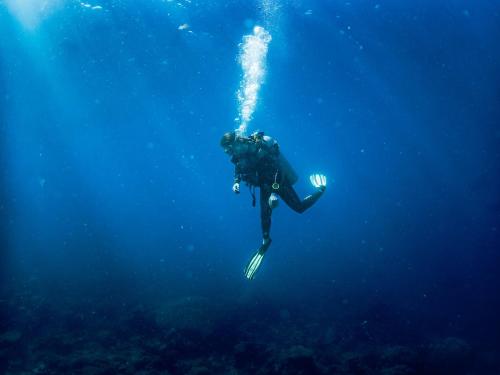 een persoon zwemt in het water in de oceaan bij Mohéli Laka Lodge Private Beach and Diving Resort in Mohéli
