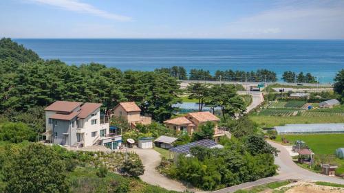 an aerial view of a house with the ocean in the background at Yangyang Slowstay Pension in Yangyang