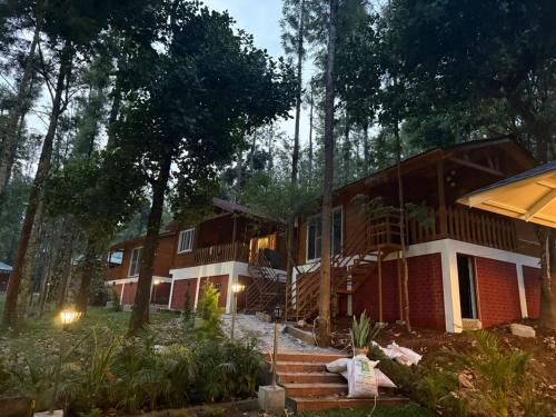 a house in the woods with stairs leading to it at The Wild Deck - Chikkamagaluru in Chikmagalūr