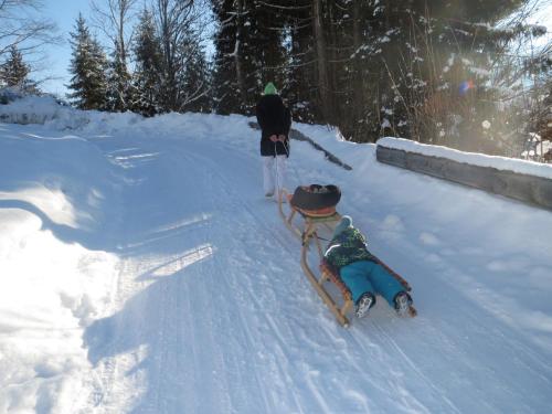 a woman pulling a child on a sled in the snow at Ascherhof in Auffach